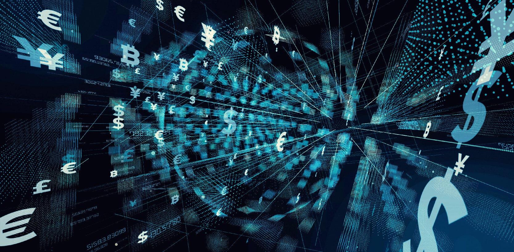 Digital visualization of cashless systems showing streaming global currency icons within a high-tech data network.