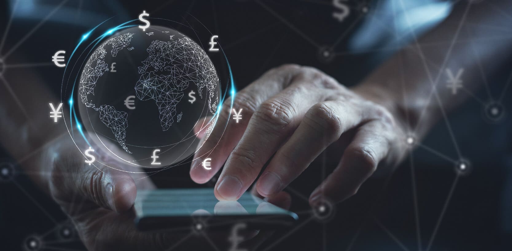 Hands engaging with a mobile device connected to a casino utilizing cashless systems, displaying global digital currency symbols and network graphics.