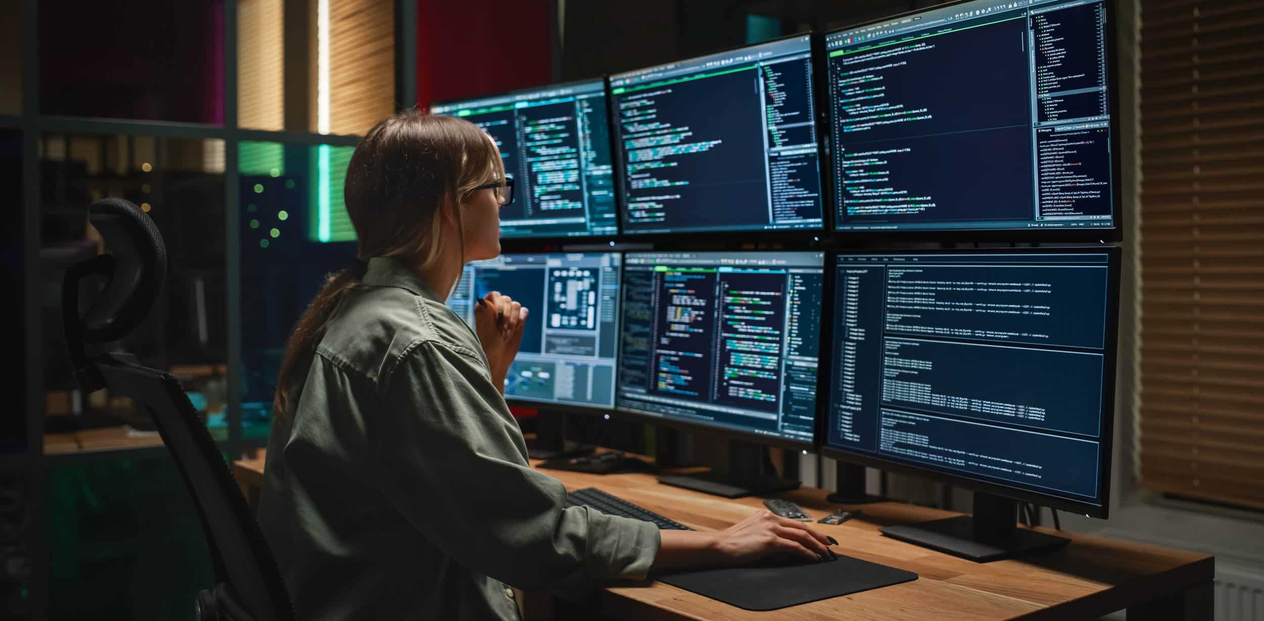 Female cybersecurity specialist analyzing code and network activity across multiple monitors in a control room