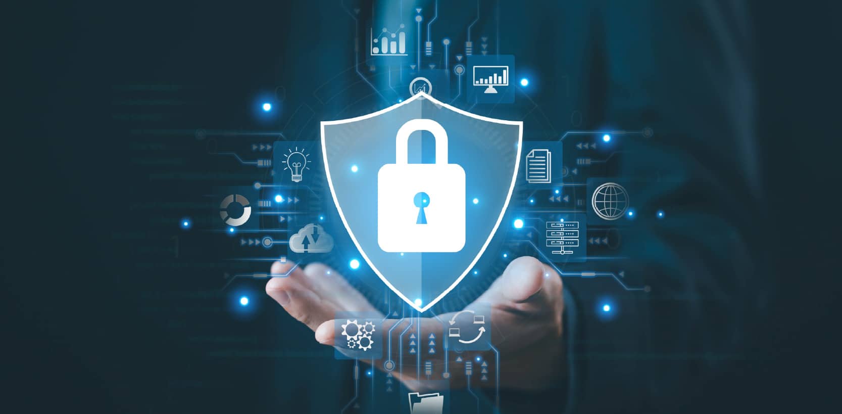 Abstract digital background with blue padlock and cybersecurity icons.
