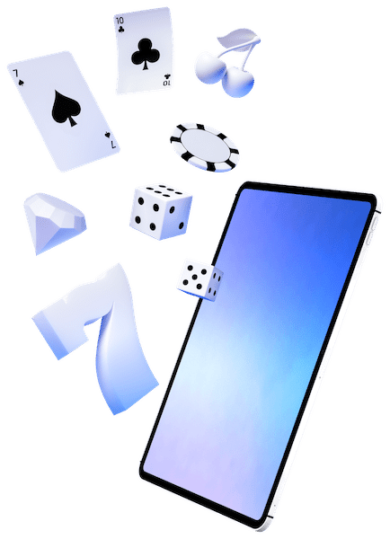 Digital gaming-themed graphics including poker cards, slot machine motifs, and two dice, symbolizing gaming and mobile gambling.
