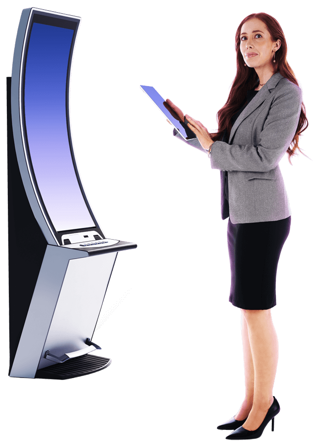 A woman in a business suit stands beside a kiosk, appearing engaged and professional in a corporate environment.