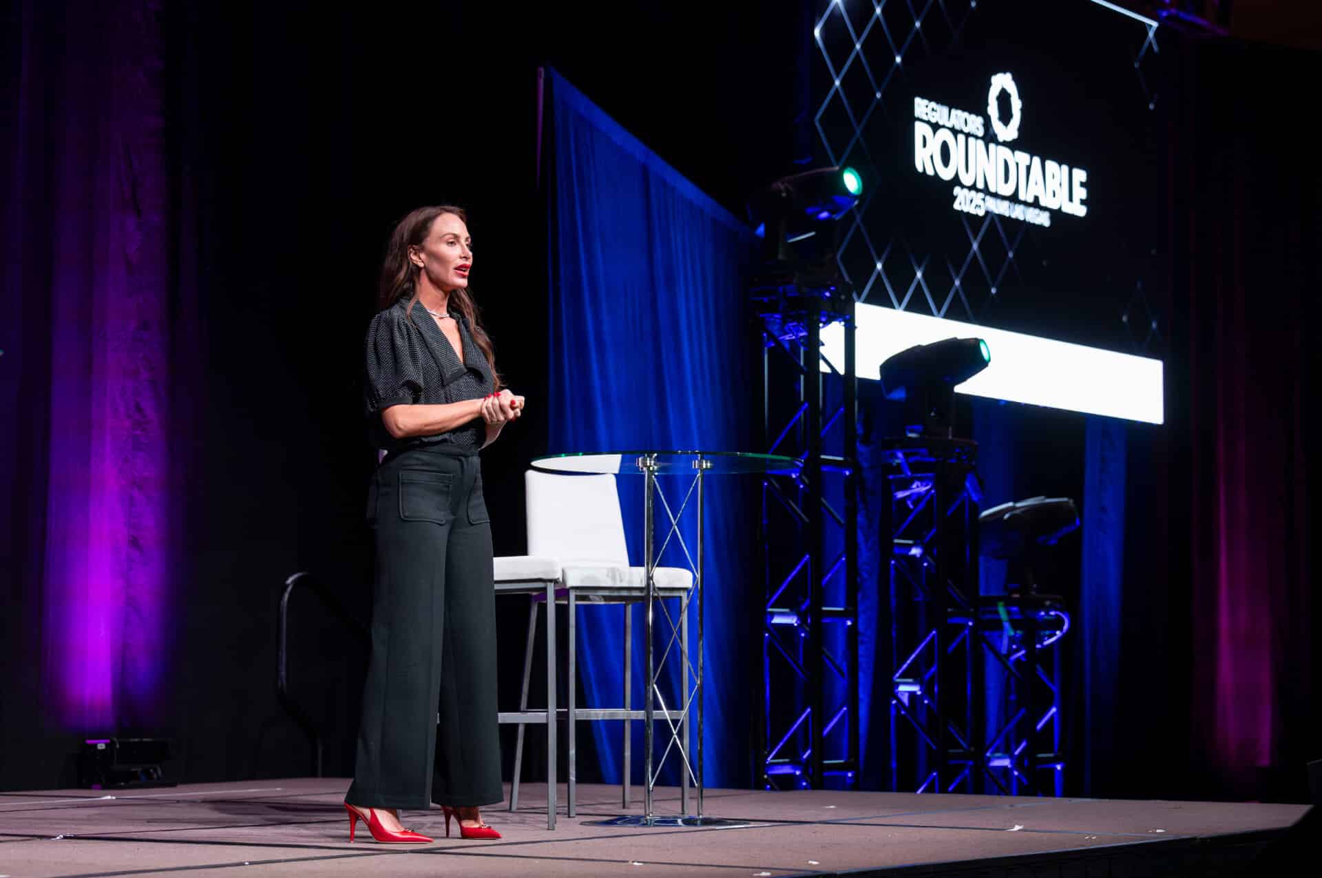 Audience perspective view of a professional expert leader leading a discussion on stage during the Regulators Roundtable.