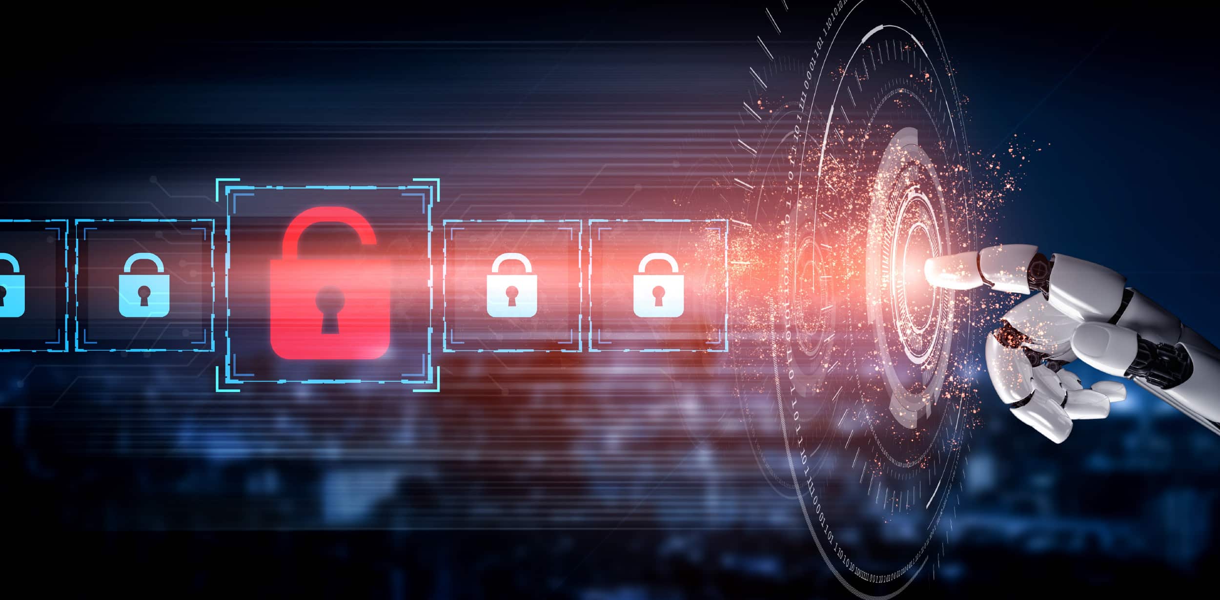 AI-powered robotic hand operating a cybersecurity dashboard interface.